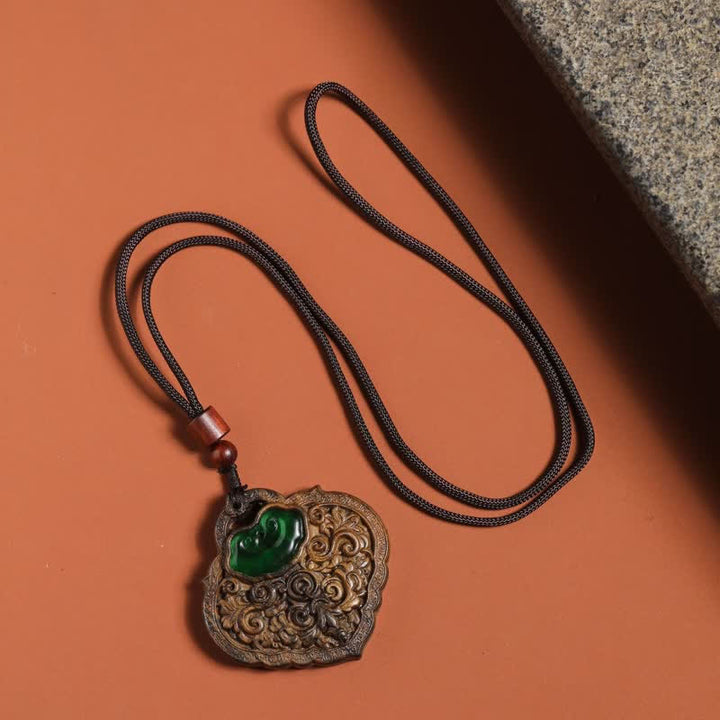 Buddha Stones Naszyjnik z kłódką szczęścia i dobrych życzeń z rzeźbionego zielonego agatu z drewna sappanwood - image 2