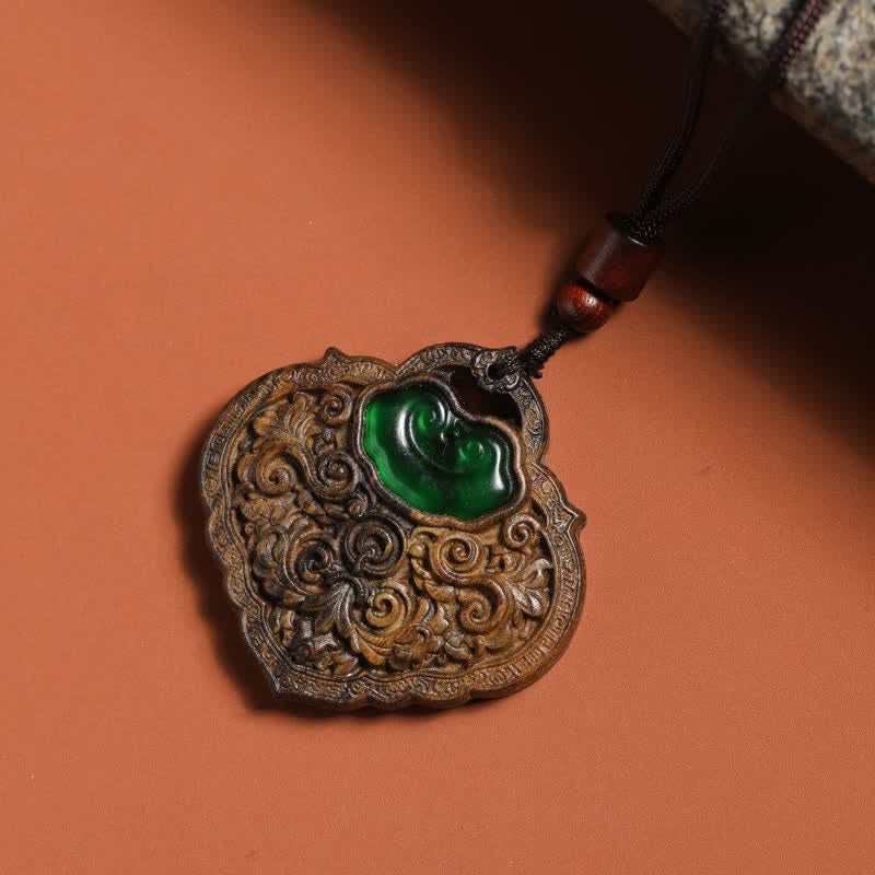 Buddha Stones Naszyjnik z kłódką szczęścia i dobrych życzeń z rzeźbionego zielonego agatu z drewna sappanwood - image 3
