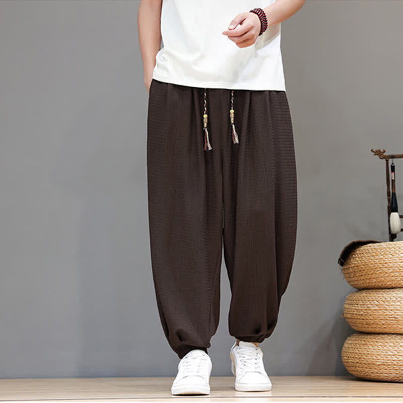 Buddha Stones Spodnie haremowe męskie w stylu boho, wiosenno-jesiennym, ze ściągaczem i kieszeniami, z krótkim rękawem - SaddleBrown - US/UK/AU46, EU56 (5XL) - image 0