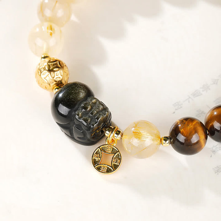 Buddha Stones Bransoletka z koralików Feng Shui Tiger Eye Pi Xiu z kwarcu rutylowego w kolorze złotym i bogactwem - image 13