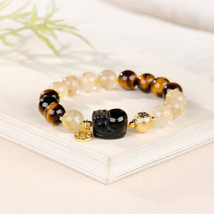 Buddha Stones Bransoletka z koralików Feng Shui Tiger Eye Pi Xiu z kwarcu rutylowego w kolorze złotym i bogactwem - image 2