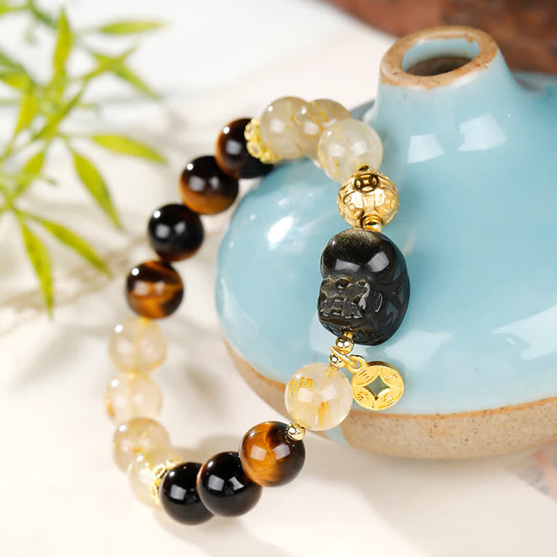 Buddha Stones Bransoletka z koralików Feng Shui Tiger Eye Pi Xiu z kwarcu rutylowego w kolorze złotym i bogactwem - image 3