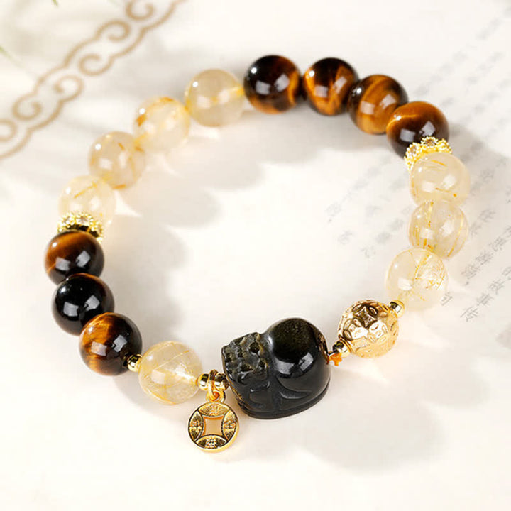 Buddha Stones Bransoletka z koralików Feng Shui Tiger Eye Pi Xiu z kwarcu rutylowego w kolorze złotym i bogactwem - image 1