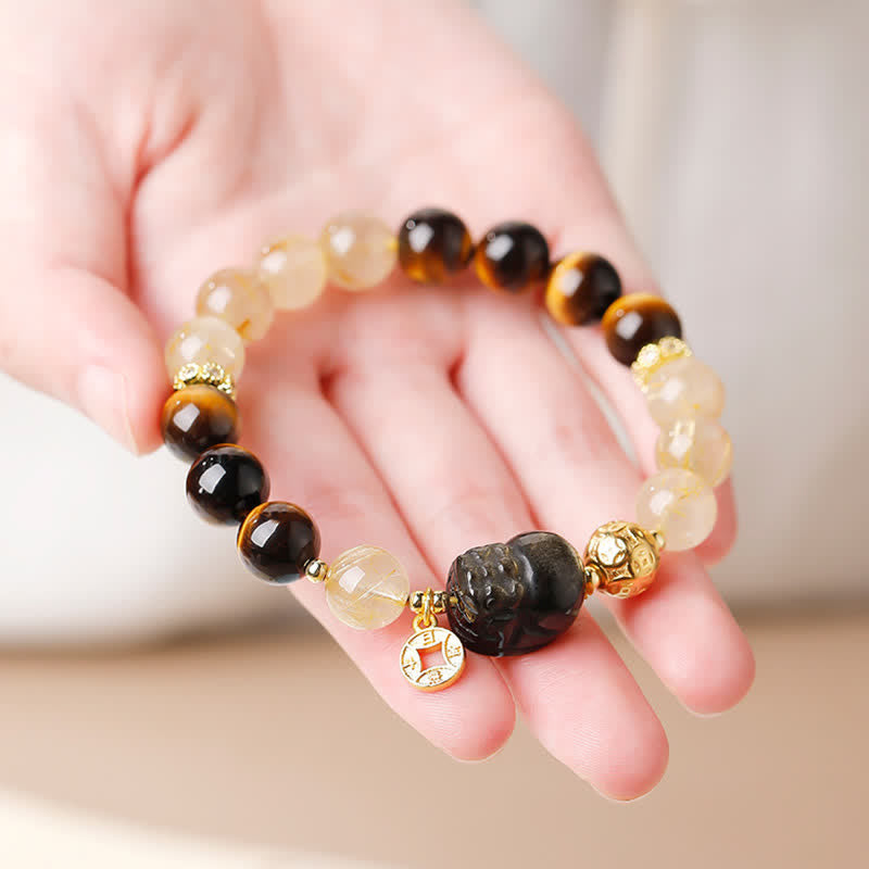 Buddha Stones Bransoletka z koralików Feng Shui Tiger Eye Pi Xiu z kwarcu rutylowego w kolorze złotym i bogactwem - image 10