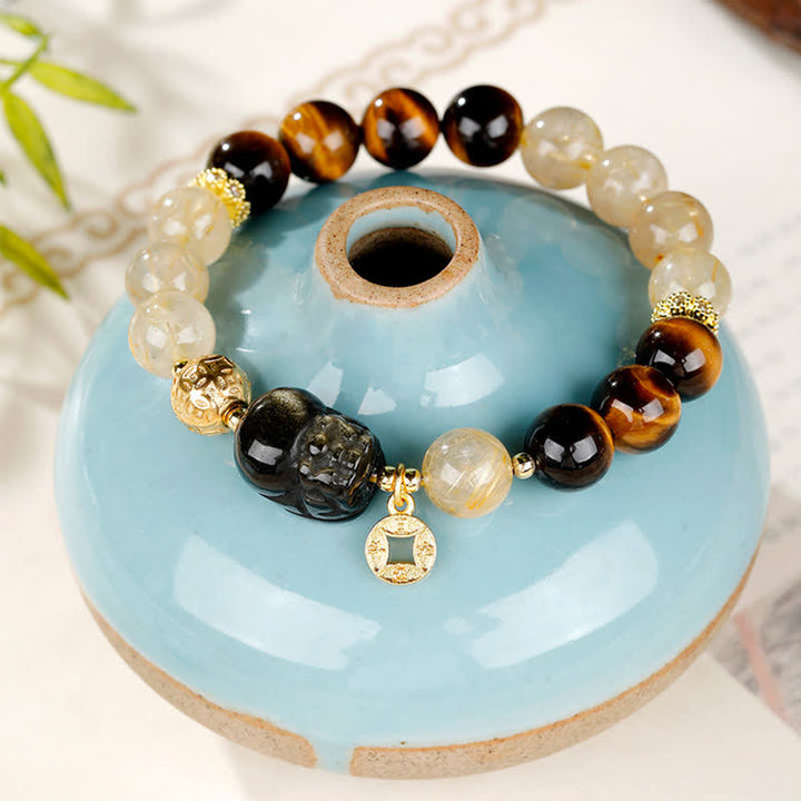 Buddha Stones Bransoletka z koralików Feng Shui Tiger Eye Pi Xiu z kwarcu rutylowego w kolorze złotym i bogactwem - image 4