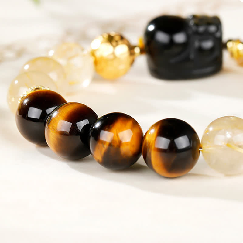 Buddha Stones Bransoletka z koralików Feng Shui Tiger Eye Pi Xiu z kwarcu rutylowego w kolorze złotym i bogactwem - image 12
