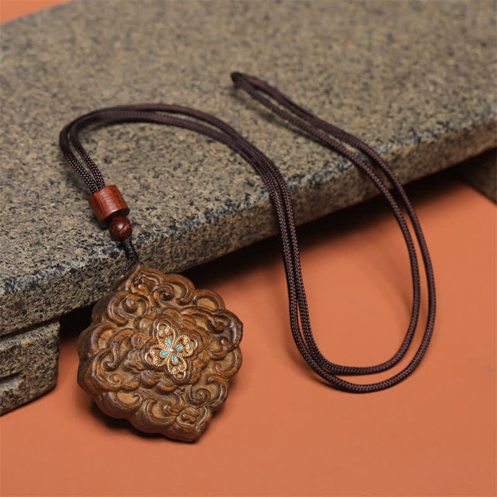Buddha Stones Naszyjnik z motywem kwiatów harmonii z dynastii Tang, rzeźbiony w drewnie sappan - image 1