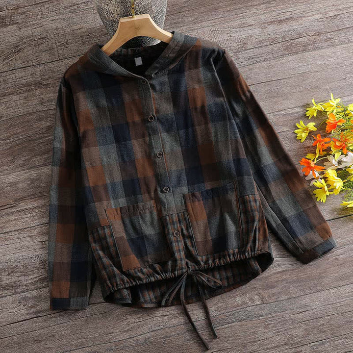 Buddha Stones Jesienna, casualowa bluza damska z kapturem w kratę, zapinana na guziki i ściągaczem, z kieszenią - SaddleBrown - US8-10, UK/AU12-14, EU40-42 (2XL) - image 13