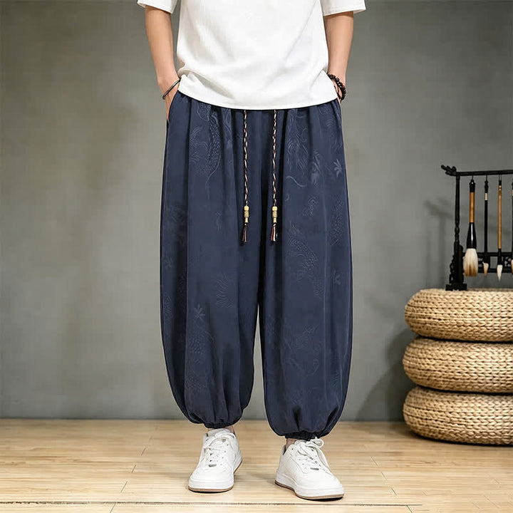Buddha Stones Wiosenne letnie, swobodne spodnie haremowe męskie w stylu Tang ze ściągaczem i kieszenią - Marynarka wojenna - US/UK/AU46, EU56 (5XL) - image 15