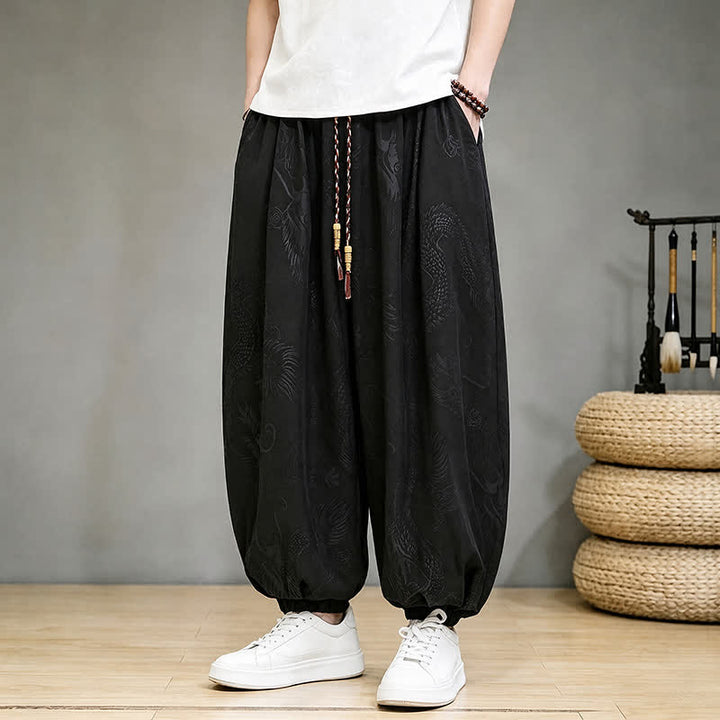 Buddha Stones Wiosenne letnie, swobodne spodnie haremowe męskie w stylu Tang ze ściągaczem i kieszenią - Czarny - US/UK/AU46, EU56 (5XL) - image 0
