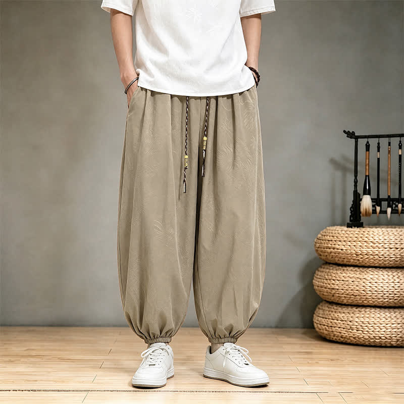 Buddha Stones Wiosenne letnie, swobodne spodnie haremowe męskie w stylu Tang ze ściągaczem i kieszenią - Khaki - US/UK/AU46, EU56 (5XL) - image 4