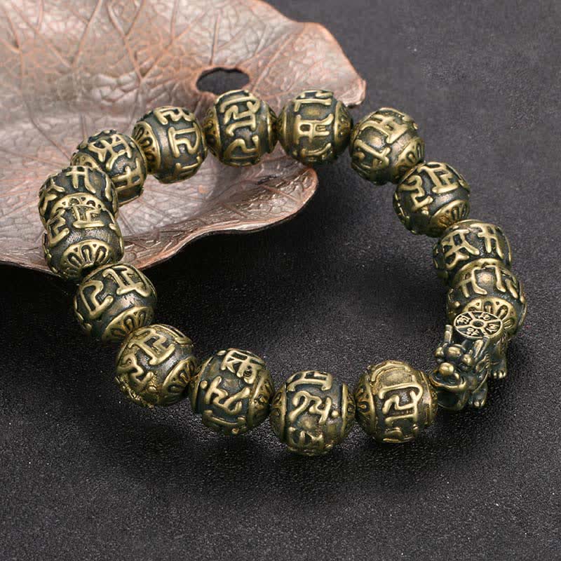 Buddha Stones Antyczna mosiężna bransoletka Pi Xiu Om Mani Padme Hum Wealth - image 2