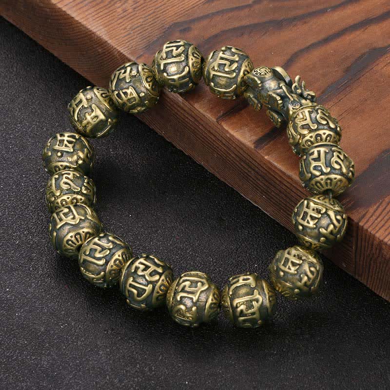 Buddha Stones Antyczna mosiężna bransoletka Pi Xiu Om Mani Padme Hum Wealth - image 1