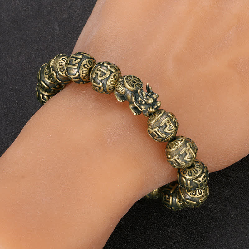 Buddha Stones Antyczna mosiężna bransoletka Pi Xiu Om Mani Padme Hum Wealth - image 3