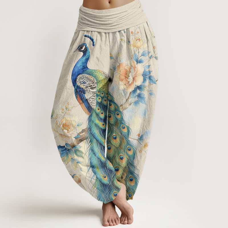 Buddha Stones Damskie spodnie haremowe z bawełny z motywem pawia i kwiatowym wzorem, z elastyczną talią - Kość słoniowa - US16, UK/AU20, EU48 (3XL) - image 0