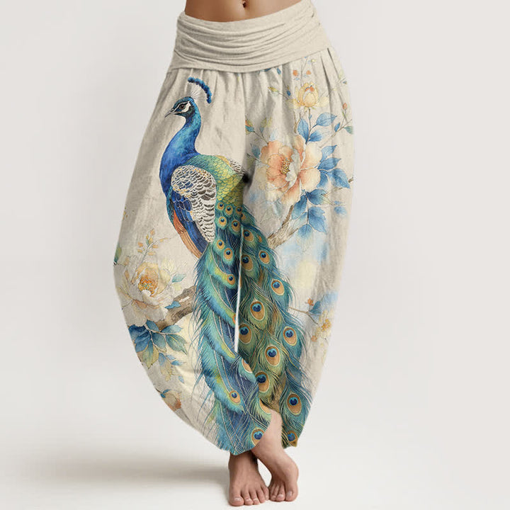 Buddha Stones Damskie spodnie haremowe z bawełny z motywem pawia i kwiatowym wzorem, z elastyczną talią - Kość słoniowa - US16, UK/AU20, EU48 (3XL) - image 0