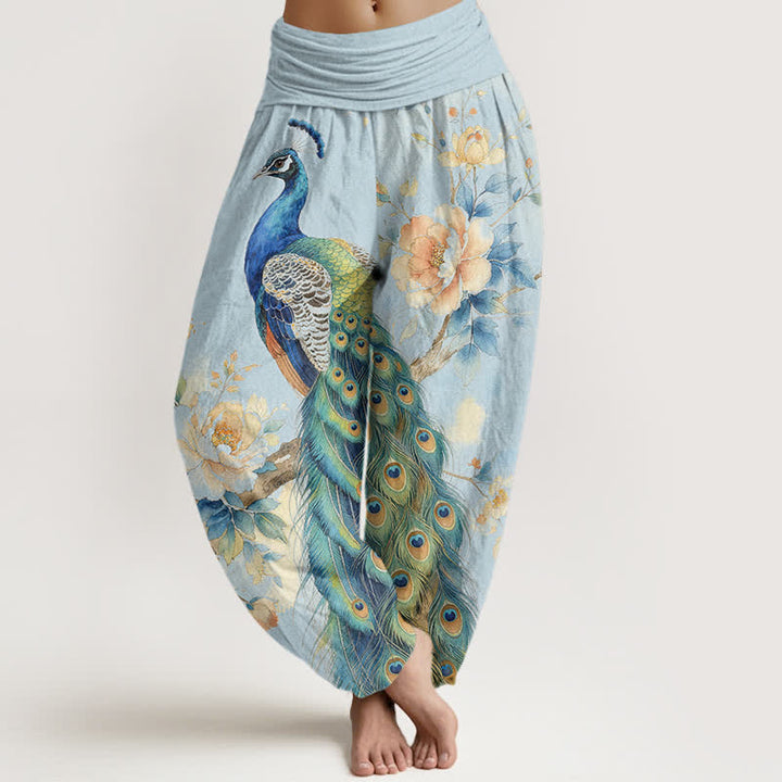 Buddha Stones Damskie spodnie haremowe z bawełny z motywem pawia i kwiatowym wzorem, z elastyczną talią - PowderBlue - US16, UK/AU20, EU48 (3XL) - image 5