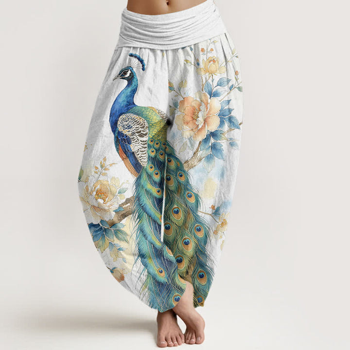 Buddha Stones Damskie spodnie haremowe z bawełny z motywem pawia i kwiatowym wzorem, z elastyczną talią - Biały - US16, UK/AU20, EU48 (3XL) - image 8