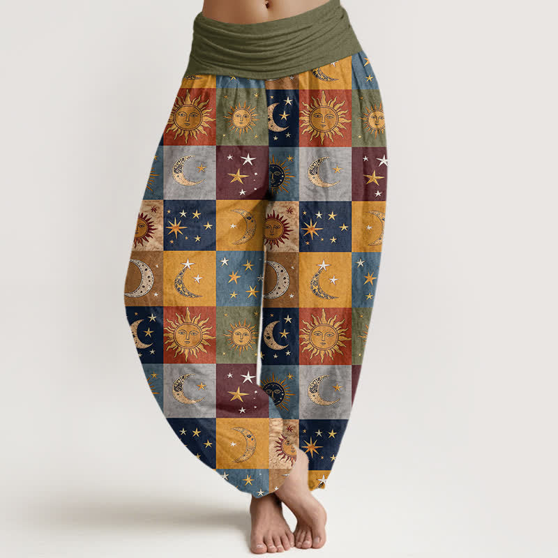 Buddha Stones Spodnie damskie haremowe z bawełny z motywem słońca i księżyca, z elastyczną talią - Oliwka - US16, UK/AU20, EU48 (3XL) - image 0