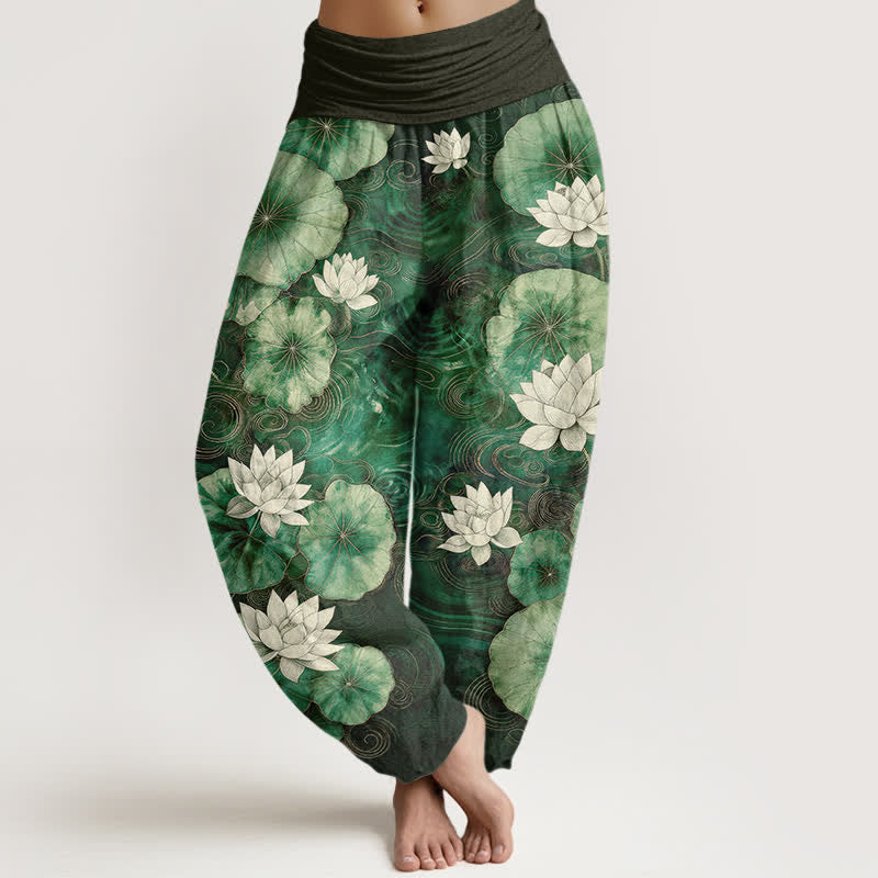 Buddha Stones Spodnie damskie typu harem z bawełny z motywem stawu lotosu i elastyczną talią - SeaGreen - US16, UK/AU20, EU48 (3XL) - image 0