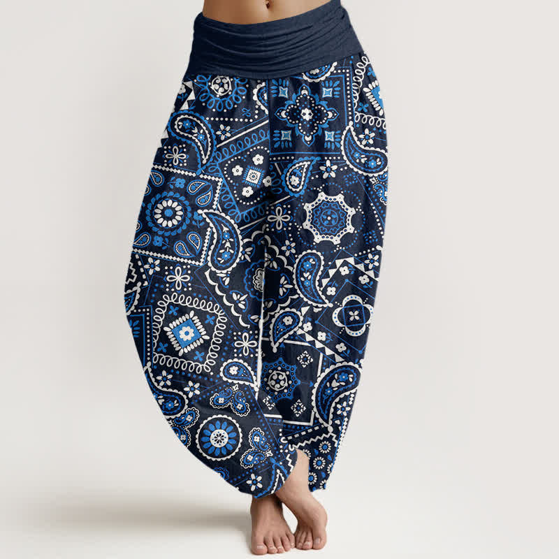 Buddha Stones Spodnie damskie typu harem z bawełny z wzorem paisley i elastyczną talią - Marynarka wojenna - US16, UK/AU20, EU48 (3XL) - image 0