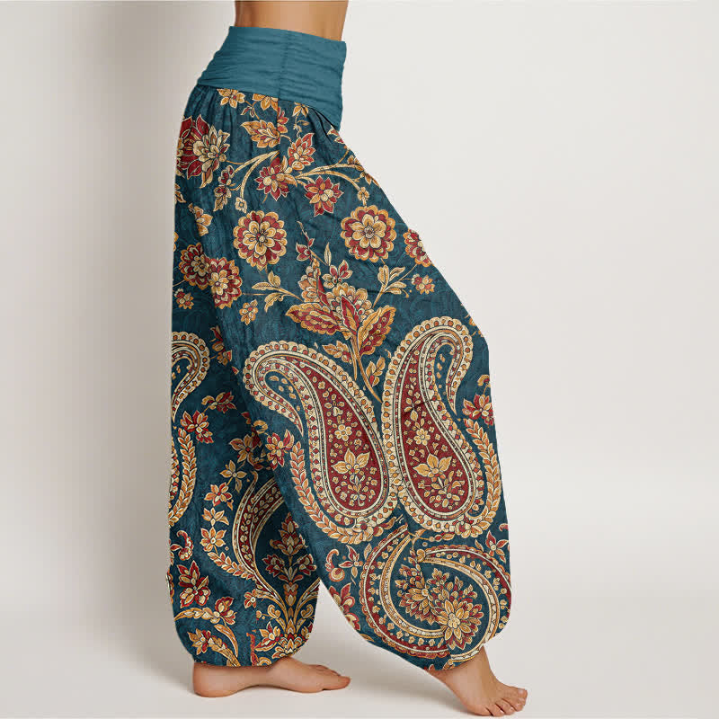 Buddha Stones Spodnie damskie typu harem z bawełny z wzorem paisley w kwiaty i elastyczną talią - image 1
