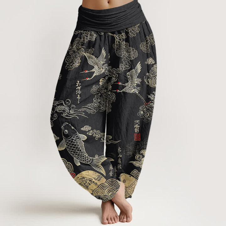 Buddha Stones Spodnie damskie typu harem z bawełny z motywem chmur i ryb koi - Czarny - US16, UK/AU20, EU48 (3XL) - image 0
