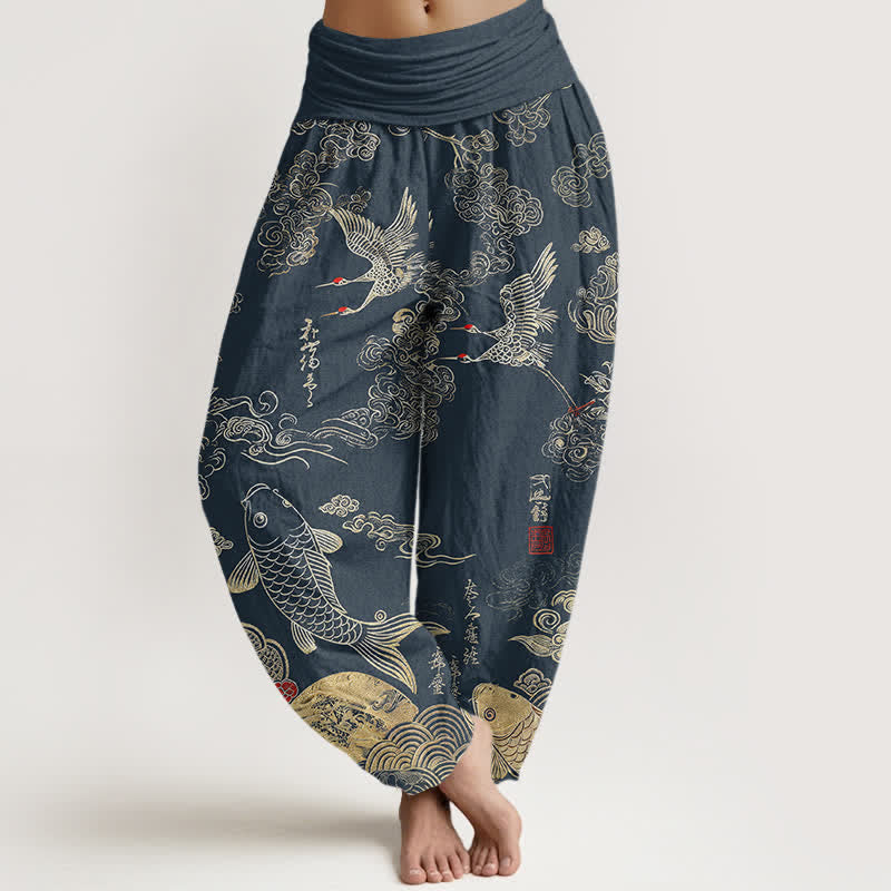 Buddha Stones Spodnie damskie typu harem z bawełny z motywem chmur i ryb koi - Stalowoniebieski - US16, UK/AU20, EU48 (3XL) - image 5