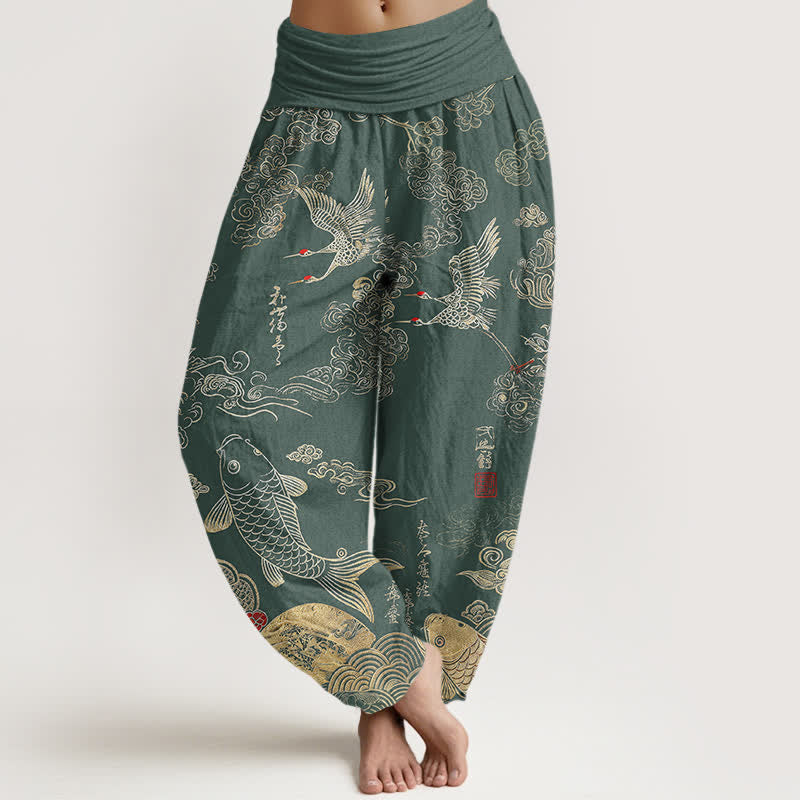Buddha Stones Spodnie damskie typu harem z bawełny z motywem chmur i ryb koi - SeaGreen - US16, UK/AU20, EU48 (3XL) - image 8