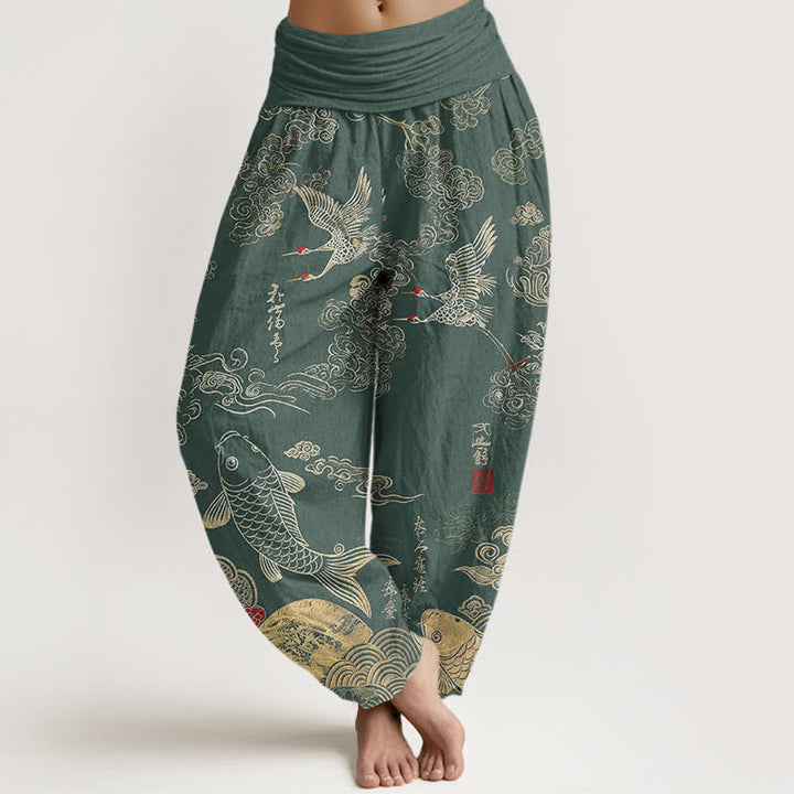 Buddha Stones Spodnie damskie typu harem z bawełny z motywem chmur i ryb koi - SeaGreen - US16, UK/AU20, EU48 (3XL) - image 8