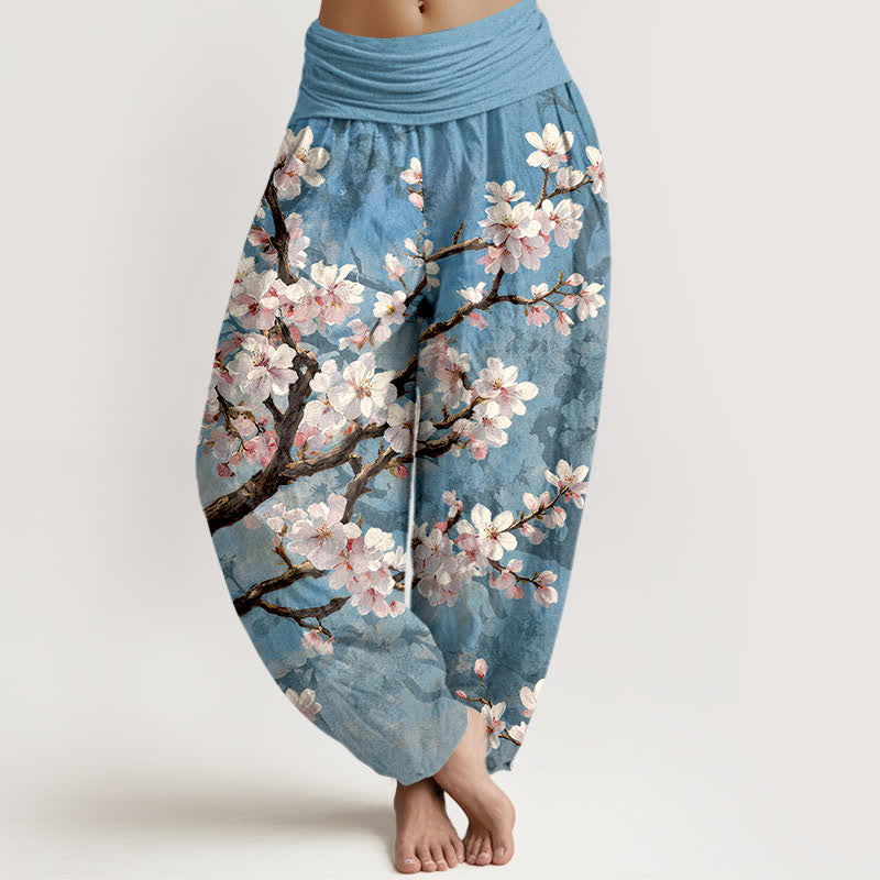 Buddha Stones Spodnie damskie haremowe z bawełny z elastycznym pasem i wzorem w gałązki kwiatu sakury - Jasnoniebieski - US16, UK/AU20, EU48 (3XL) - image 0