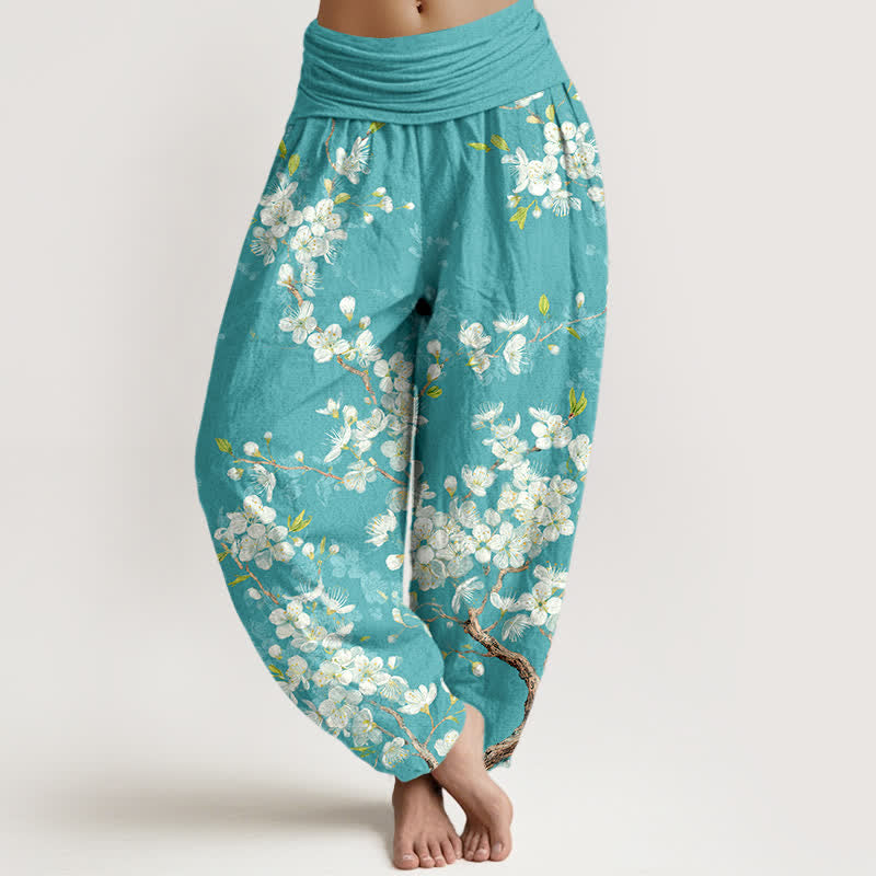 Buddha Stones Spodnie damskie typu harem z bawełny z elastyczną talią i wzorem w kwiaty botaniczne - Turkus - US16, UK/AU20, EU48 (3XL) - image 0