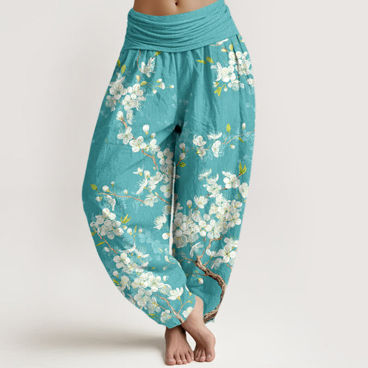 Buddha Stones Spodnie damskie typu harem z bawełny z elastyczną talią i wzorem w kwiaty botaniczne - Turkus - US16, UK/AU20, EU48 (3XL) - image 0