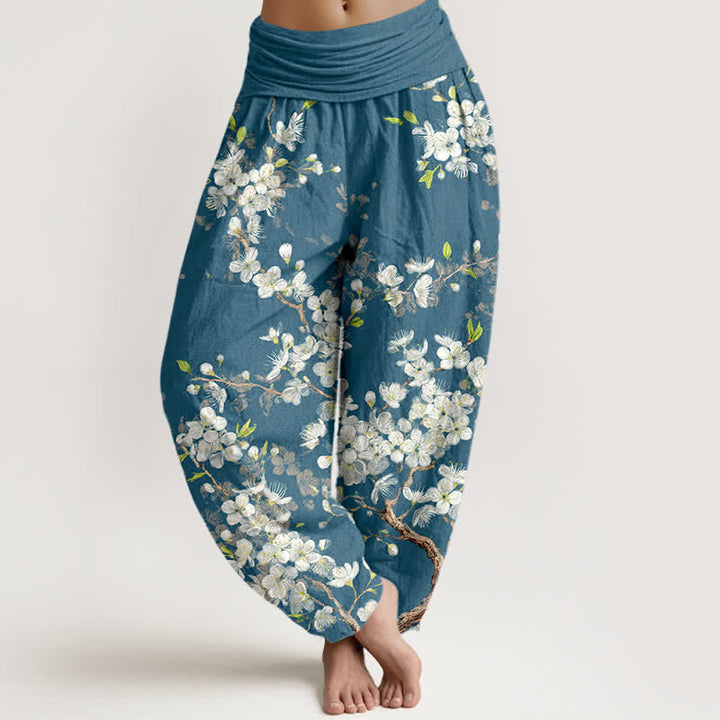 Buddha Stones Spodnie damskie typu harem z bawełny z elastyczną talią i wzorem w kwiaty botaniczne - CadetBlue - US16, UK/AU20, EU48 (3XL) - image 5