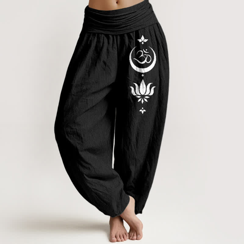 Buddha Stones Spodnie haremki damskie z elastyczną talią i wzorem księżyca Om z czystej bawełny - Czarny - US16, UK/AU20, EU48 (3XL) - image 0
