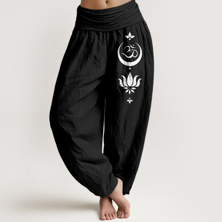 Buddha Stones Spodnie haremki damskie z elastyczną talią i wzorem księżyca Om z czystej bawełny - Czarny - US16, UK/AU20, EU48 (3XL) - image 0