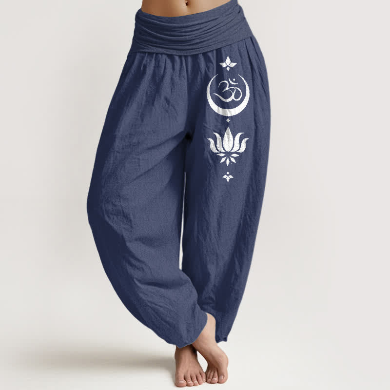 Buddha Stones Spodnie haremki damskie z elastyczną talią i wzorem księżyca Om z czystej bawełny - DarkSlateBlue - US16, UK/AU20, EU48 (3XL) - image 5