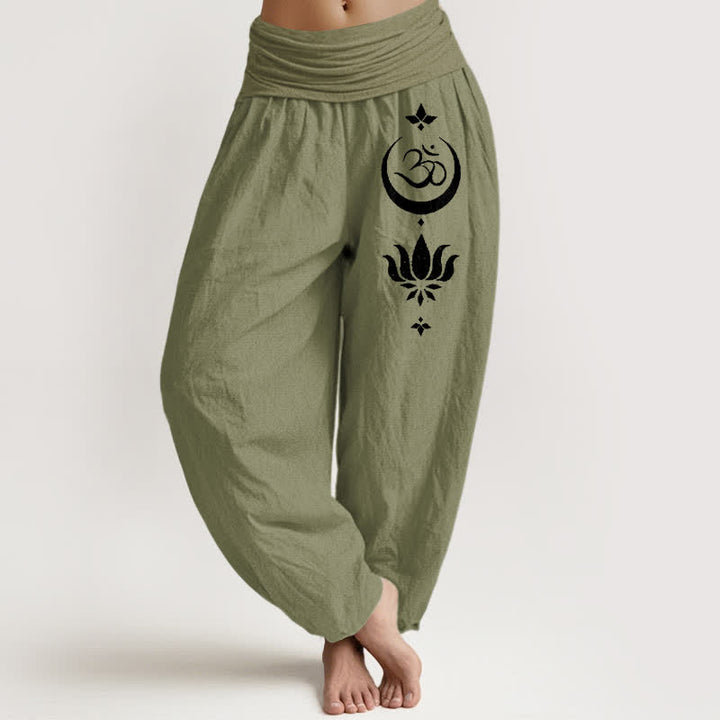 Buddha Stones Spodnie haremki damskie z elastyczną talią i wzorem księżyca Om z czystej bawełny - Oliwkowy - US16, UK/AU20, EU48 (3XL) - image 14
