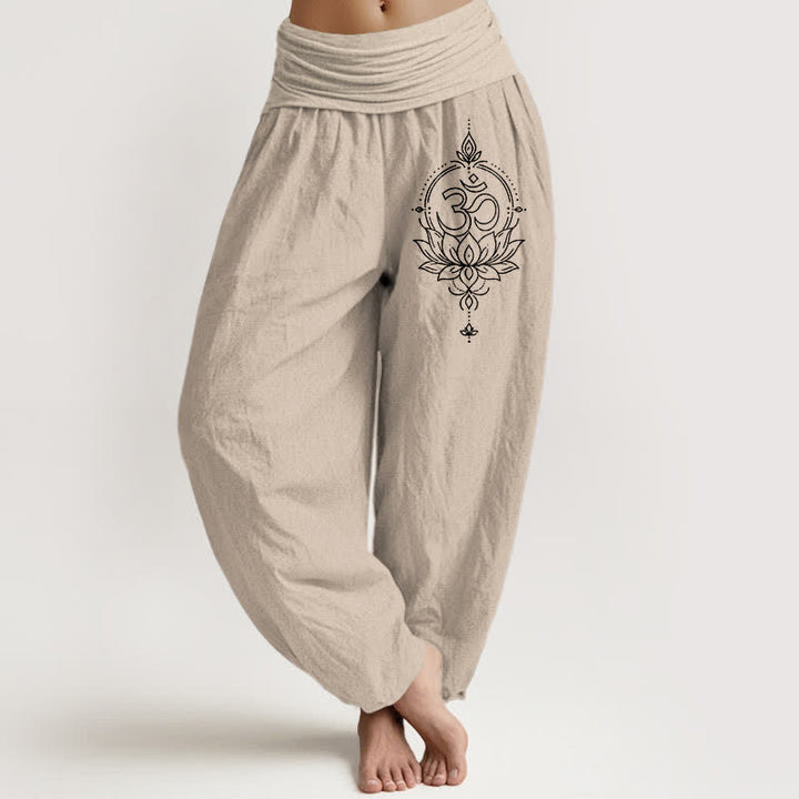 Buddha Stones Spodnie damskie harem z elastycznej talii z czystej bawełny z motywem lotosu Om i mandali - Dębnik - US16, UK/AU20, EU48 (3XL) - image 11