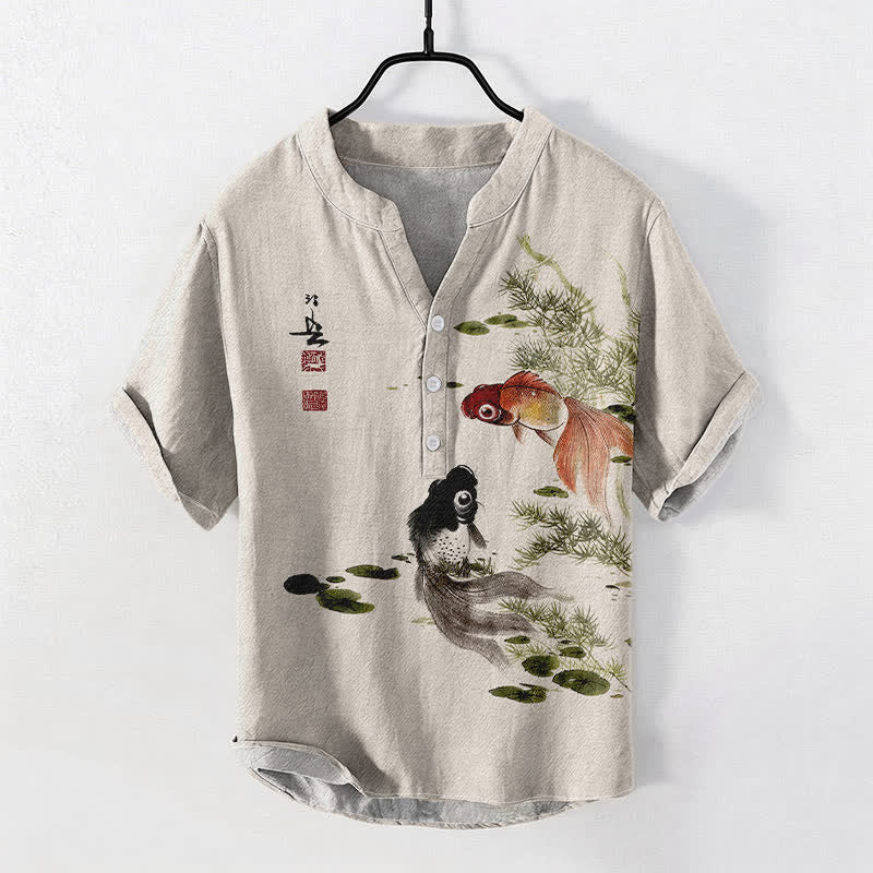 Buddha Stones Koszula męska z krótkim rękawem i półguzikiem z bawełny Twin Koi Lotus Leaf Pattern - Beżowy - US/UK/AU50, EU60 (5XL) - image 0