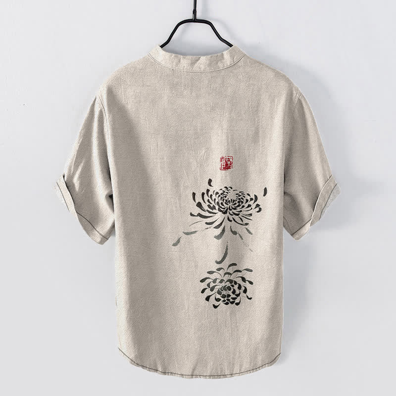 Buddha Stones Koszula męska z krótkim rękawem i półguzikiem, z nadrukiem chryzantemy i nadrukiem Cotton Ink - image 1
