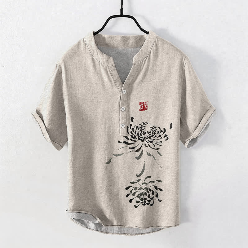 Buddha Stones Koszula męska z krótkim rękawem i półguzikiem, z nadrukiem chryzantemy i nadrukiem Cotton Ink - Bielizna - US/UK/AU50, EU60 (5XL) - image 0