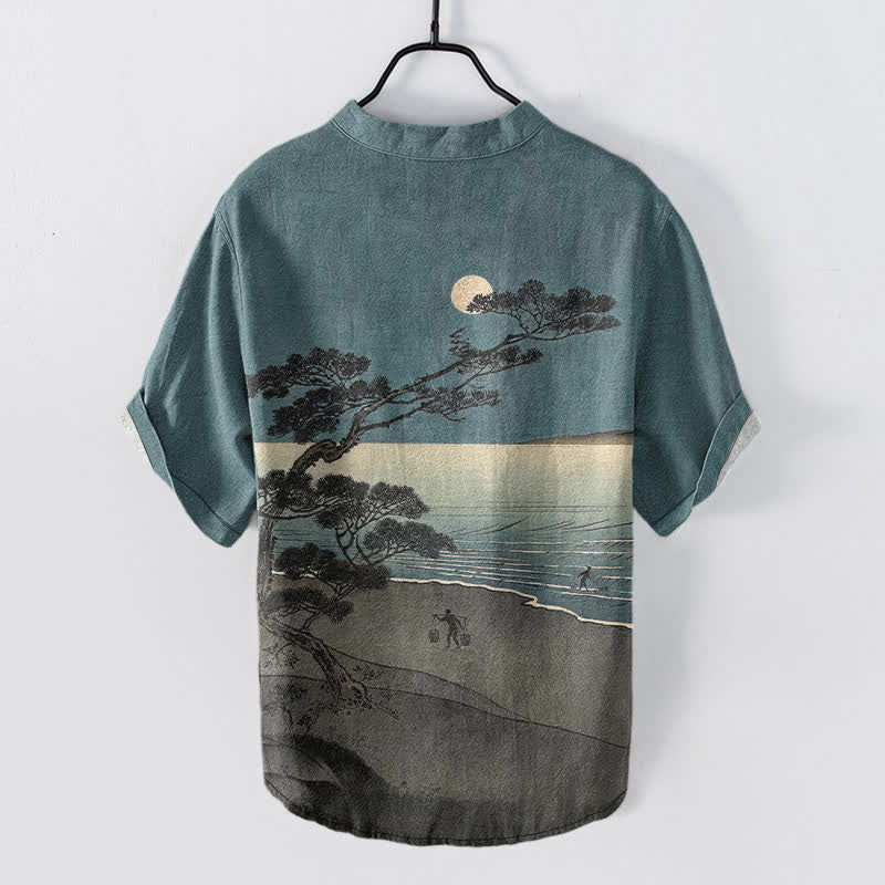 Buddha Stones Koszula męska z krótkim rękawem i krótkim guzikiem z bawełny Moonlit Coast Pine Pattern - image 1