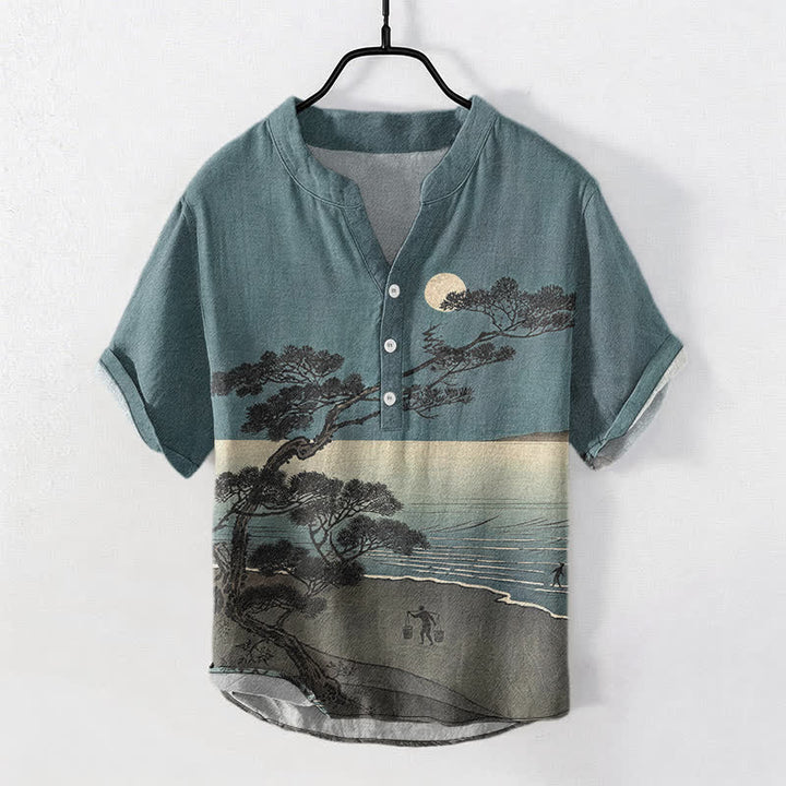 Buddha Stones Koszula męska z krótkim rękawem i krótkim guzikiem z bawełny Moonlit Coast Pine Pattern - CadetBlue - US/UK/AU50, EU60 (5XL) - image 0