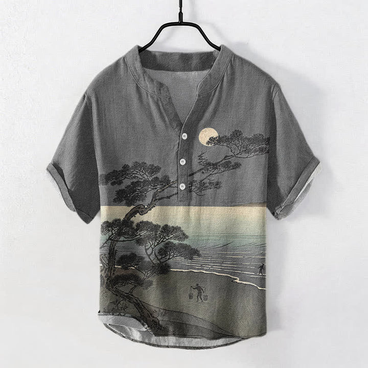 Buddha Stones Koszula męska z krótkim rękawem i krótkim guzikiem z bawełny Moonlit Coast Pine Pattern - Szary - US/UK/AU50, EU60 (5XL) - image 5