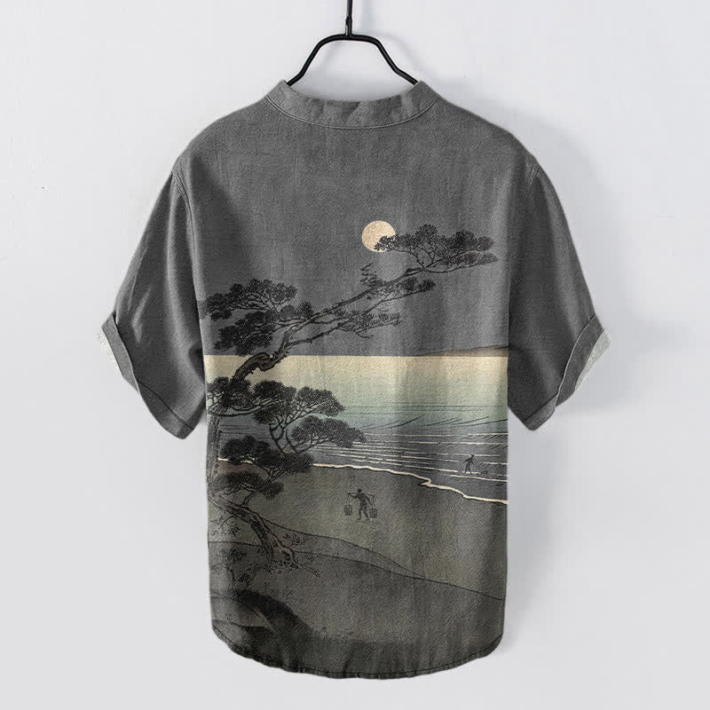Buddha Stones Koszula męska z krótkim rękawem i krótkim guzikiem z bawełny Moonlit Coast Pine Pattern - image 6