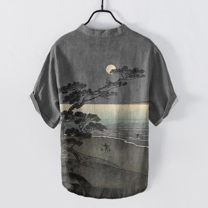 Buddha Stones Koszula męska z krótkim rękawem i krótkim guzikiem z bawełny Moonlit Coast Pine Pattern - image 6