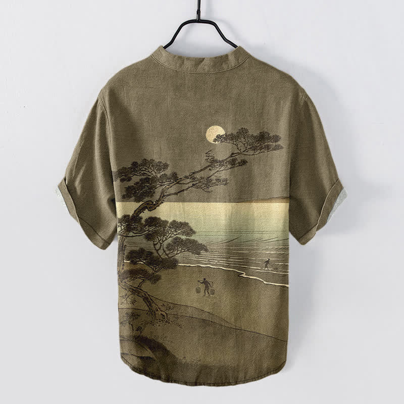 Buddha Stones Koszula męska z krótkim rękawem i krótkim guzikiem z bawełny Moonlit Coast Pine Pattern - image 8