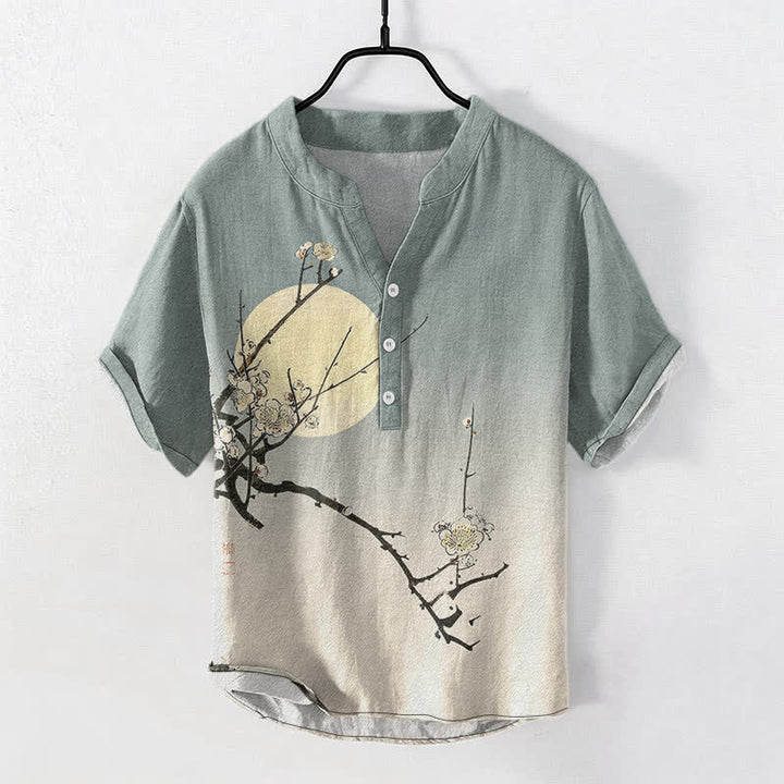 Buddha Stones Koszula męska z krótkim rękawem i półguzikiem, bawełniana, z motywem kwiatu śliwki i księżyca - CadetBlue - US/UK/AU50, EU60 (5XL) - image 5