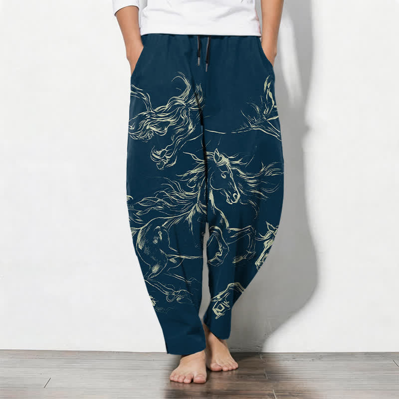Buddha Stones Spodnie męskie zwężane, z czystej bawełny, ze wzorem Running Horse Line Art, ze ściągaczem i kieszeniami - Marynarka wojenna - US/UK/AU50, EU60 (5XL) - image 0
